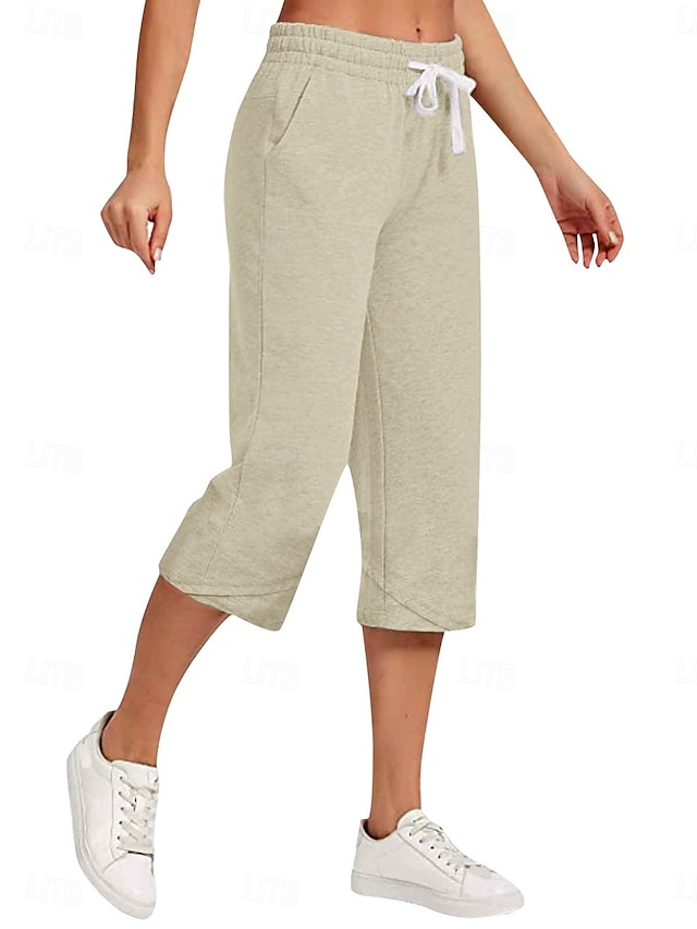  Women's Cotton Linen Pants Capri Pants Solid Color Chinos Basic Casual Calf-Length High Waist Plain Pocket Drawstring Comfort Outdoor Micro-elastic Vacation Street Daily Black White Red Apricot