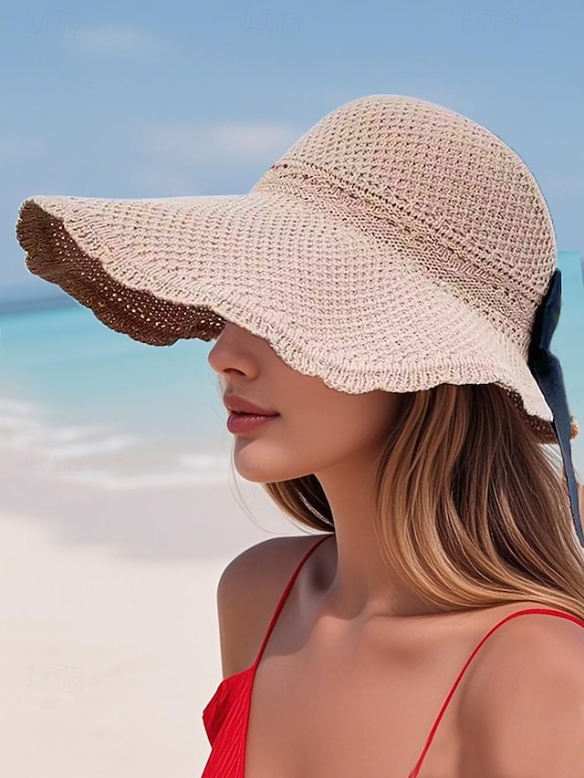  vikbar halmhatt med bred brätte för kvinnor med svart rosett – elegant strandsemester uv-skyddshatt för sommarresor och utomhuskläder