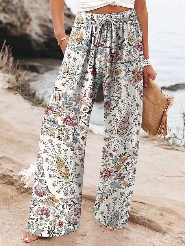  Damskie Spodnie szerokie nogawki Typu Chino Luźne spodnie Urlop Zabytkowe Moda Pełna długość Wysoka talia Graficzny Drukowanie Keep Warm Oddychający Miękka Średnio elastyczny Urlop Ulica Casual biały