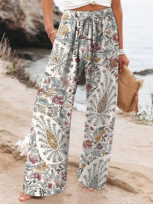 Women's Wide Leg Chinos Baggy Pants Vacation Vintage Fashion Full Length High Waist Graphic Printing Thermal Warm Soft Breathable Micro-elastic Vacation Street Causal rice white Robin's Egg Blue Brown4