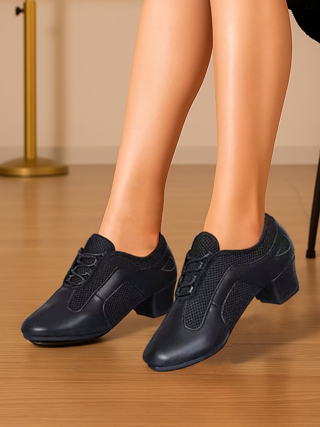  Schwarze Latein-Tanzschuhe für Damen aus Mesh und Kunstleder mit niedrigem Absatz – atmungsaktive Schnürschuhe für den Ballsaal zum Üben für Anfänger und Profis