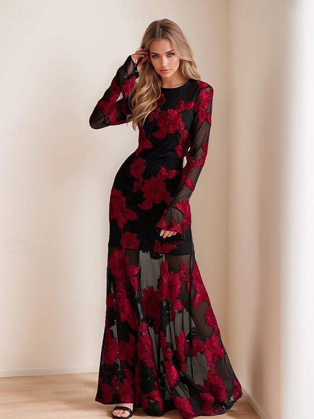  Floral Lace Applique A-Line Evening Gown Elegant Dress Semi Formal Wedding Guest Dress Floor Length Flared Long Sleeve Crew Neck