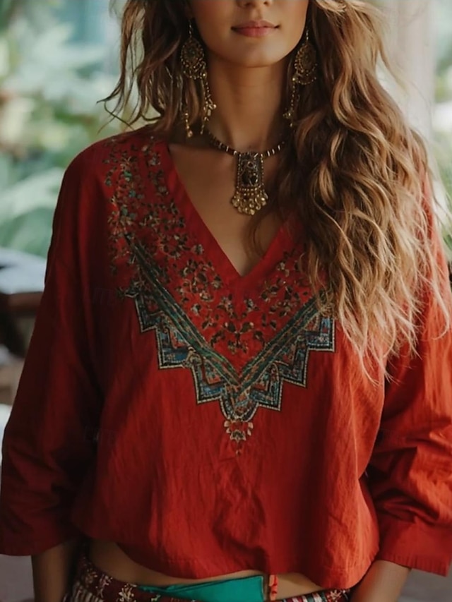  Blouse Boho Femme Graphique Florale Bohémienne Vintage Tropicale Manches 3/4 Décolleté en V Tops Réguliers Rouge Été Printemps