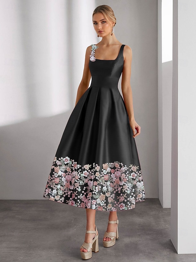  Formell Blommig A-linje Cocktailklänningar Elegant Klänning Bröllopsgäst Ankellängd Utan Ärmar Båtkrage Ficka Satin med Blomtryck Broderi Fickklänningar