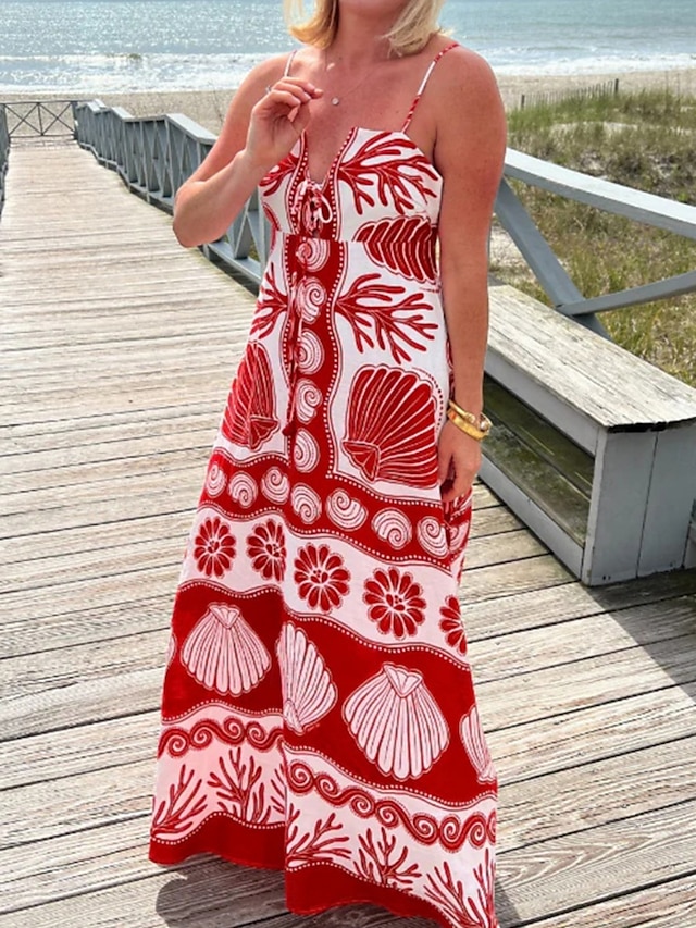  Damskie Sukienka maxi Sukienka A line Sukienka na ramiączkach Codzienny Na zewnątrz Wyjściowe Plaża Regularny Kwiaty Graficzny Bez rękawów Cienkie ramiączka Czerwony Lato Wiosna