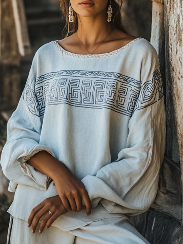  Dame Boho skjorte Bluse Blomsternål i krystall Moderne Fritid Bohem Langermet Crew-hals Vanlige topper Daglig Ferie Ut på byen Trykt mønster Hvit Sommer