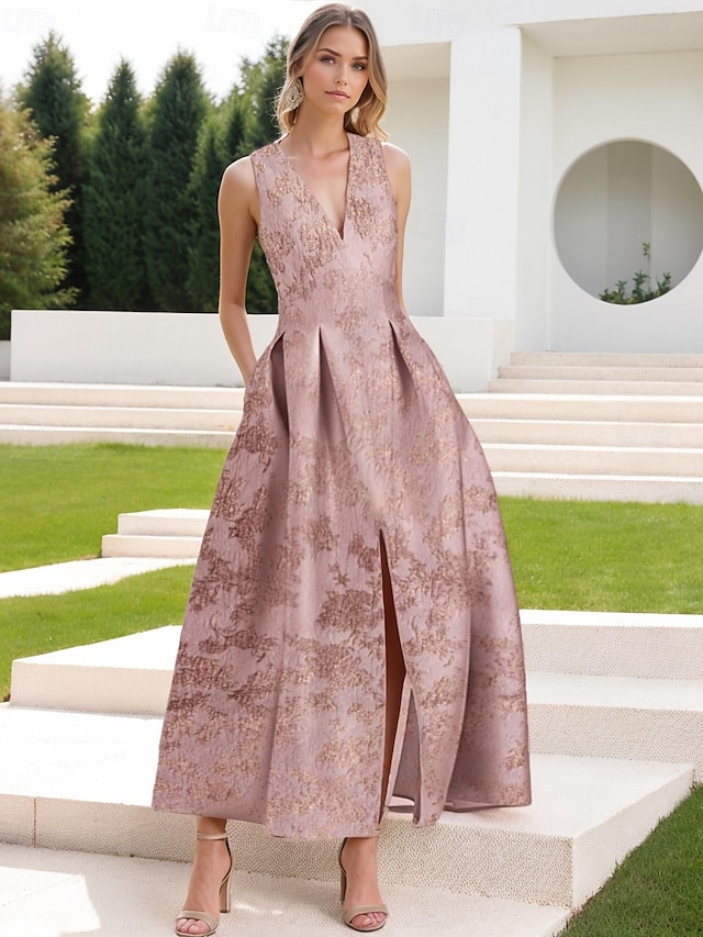  Floral Brocade Jacquard Cocktail Dresses Elegant Dress Formal Semi Forml Wedding Ankle Length Sleeveless V Neck with Slit