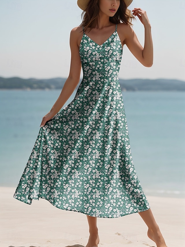  Women's Maxi Dress Sundress A Line Dress Summer Dress Slip Dress Elegant Vacation Casual Regular Fit Floral Graphic Sleeveless V Neck Spaghetti Strap Red Blue Green Summer Spring