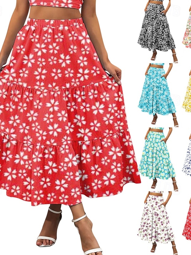  Per donna Gonna Svasato Casual Maxi Vita media Gonne Floreale Stampato Micro-elastico Vacanza Uscire Rosso Viola Blu scuro Azzurro Estate Misto Cotone