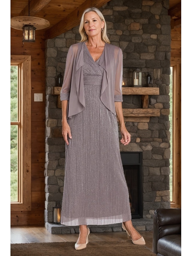  Abito da sposa in chiffon glitterato a due pezzi, modello A, elegante, semplice e minimalista, con scollo a V, lunghezza al pavimento, senza maniche, mezza manica, con giacca 2025
