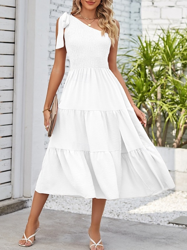  Femmes Robe Midi Robe Blanche Robe en coton et lin Mode Moderne Extérieur Vacances Anniversaire Coupe régulière Uni Sans manches Une Épaule Rose Claire Noir Blanche Vert Véronèse Été