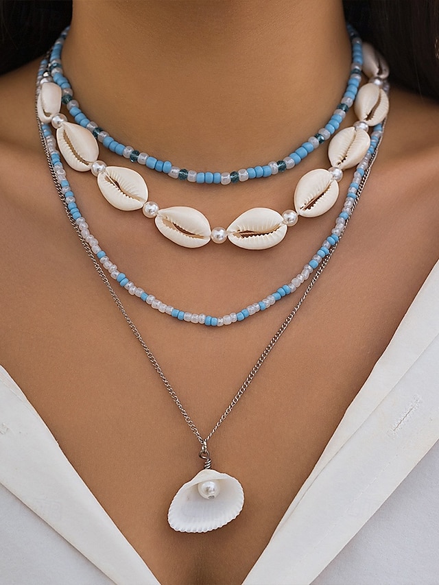  Women's Boho Layered Shell and Bead Necklace Set – Beach-Style Turquoise Pendant and Gold Charms for Summer Vacations and Festivals