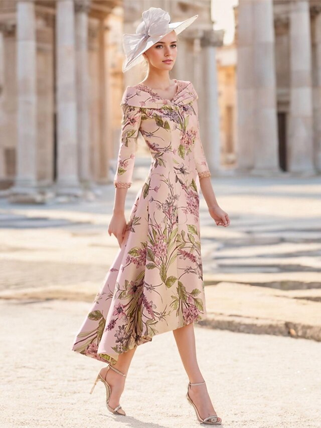 A-Line Mother of the Bride Dress Wedding Guest Elegant Vintage V Neck Ankle Length Satin  Short Sleeve with Flower Race Day Dress Wedding Guest Dress4