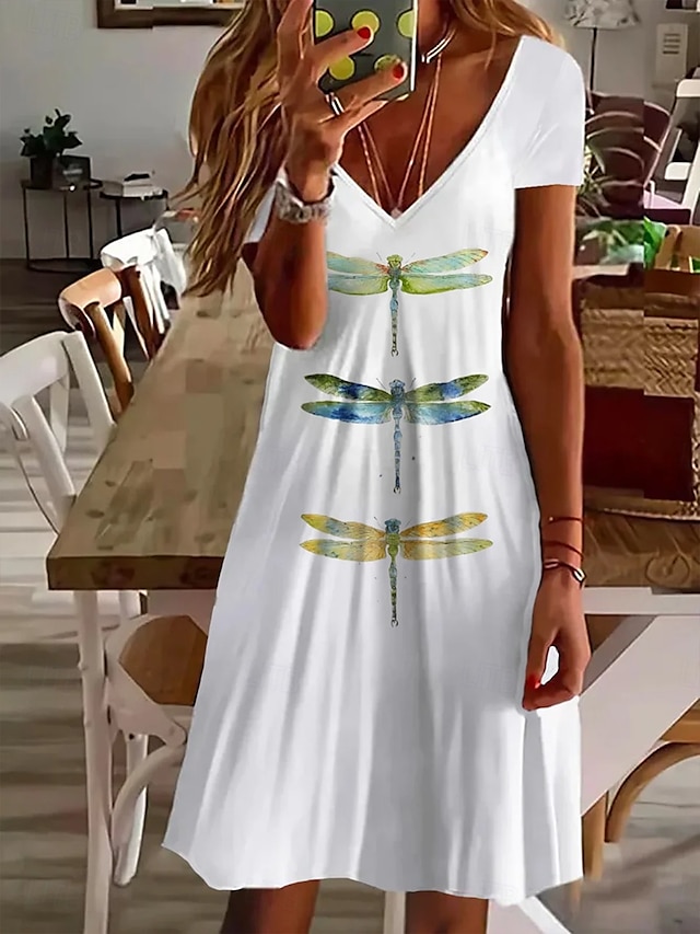  Pentru femei Rochie Mini Rochie casual Rochii Tricou Rochie de Vară Rochie A line Vacanță Casual Stiluri de Plajă Fit regulat Grafic Manșon scurt În V Alb Vară
