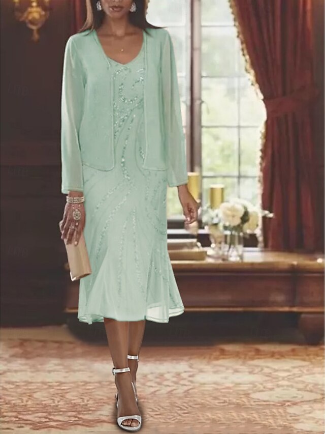 Two-Piece Mermaid Long Sleeve Floor-Length Mother of the Bride Dress
