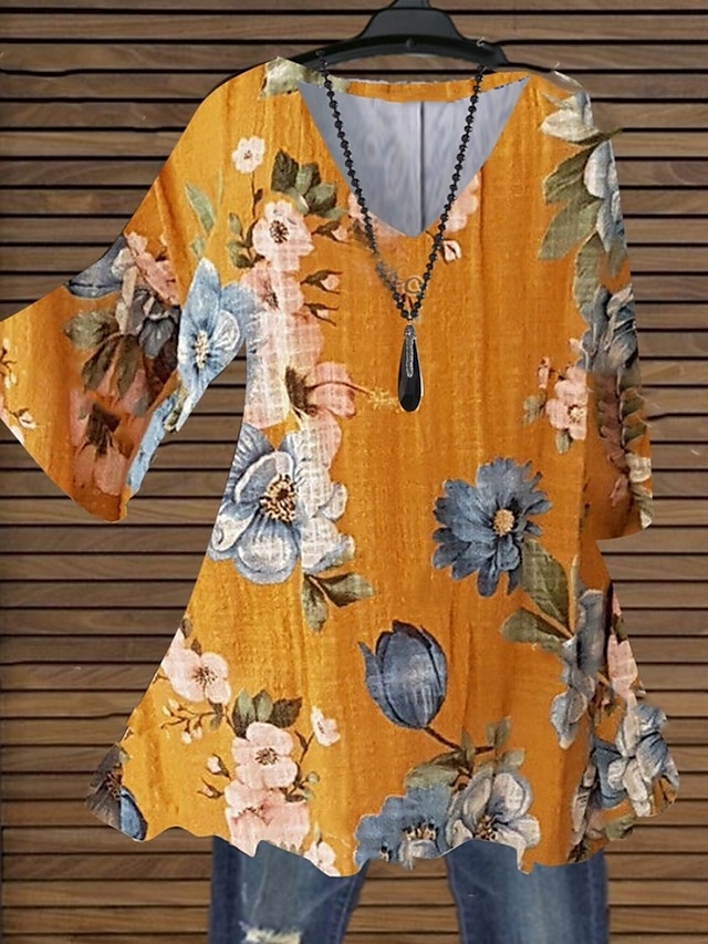  Femmes Chemisier Fleuri Élégant Occasionnel Manche 3/4 Col en V Hauts Réguliers Quotidien Imprimé Noir Jaune Été