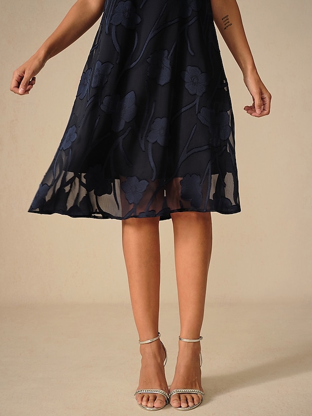  Dame Knelang kjole Chiffonkjoler Elegant Fritid Løstsittende Blomstret Kortermet Crew-hals Navyblå Sommer