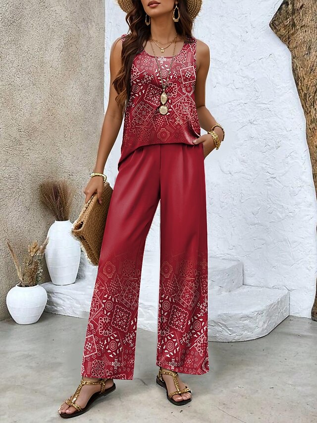  Women's Pants Sets Vacation Fashion Daily  Sleeveless U Neck Floral Graphic Geometric Casual Daily Weekend Light Green Red Dusty Blue Summer Regular Fit
