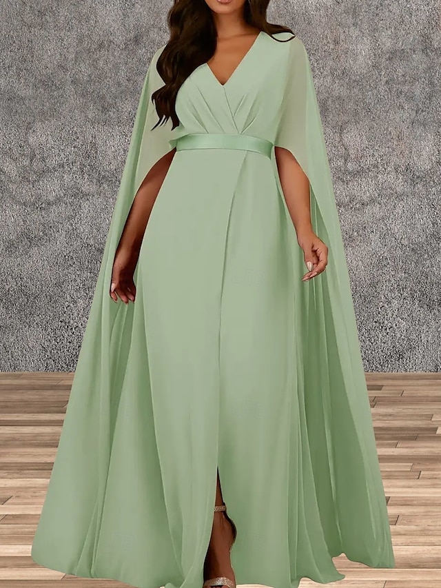  A-Lijn Bruiloft Gast Jurken Elegante Jurk Bruiloft Gast Verloving Vloerlengte Mouwloos V Hals Herfst Bruiloft Gast Chiffon met Splits