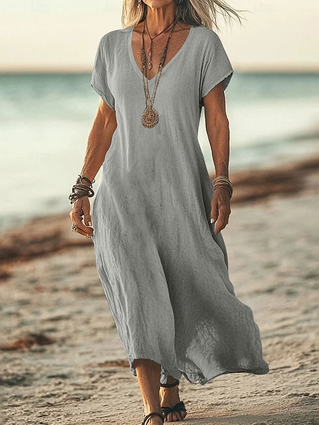  Women's Midi Dress Sundress Summer Dress Casual Daily Holiday Beach Regular Fit Linen Like Plain Short Sleeve V Neck White Pink Blue Green Summer
