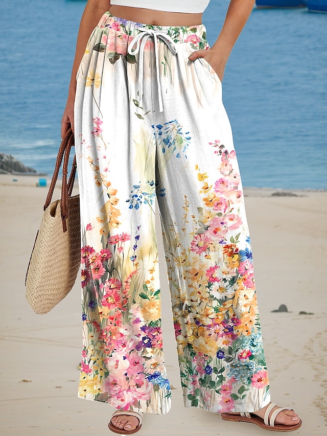  Damen Weitbeinige Chinos Baggy-Hosen Urlaub Mode Lässig Voll Länge Hohe Taille Blumengrafikdruck Thermisch Warm Atmungsaktiv Weich Mikro-elastisch Urlaub Lässig täglich Weiß Sommer Frühling