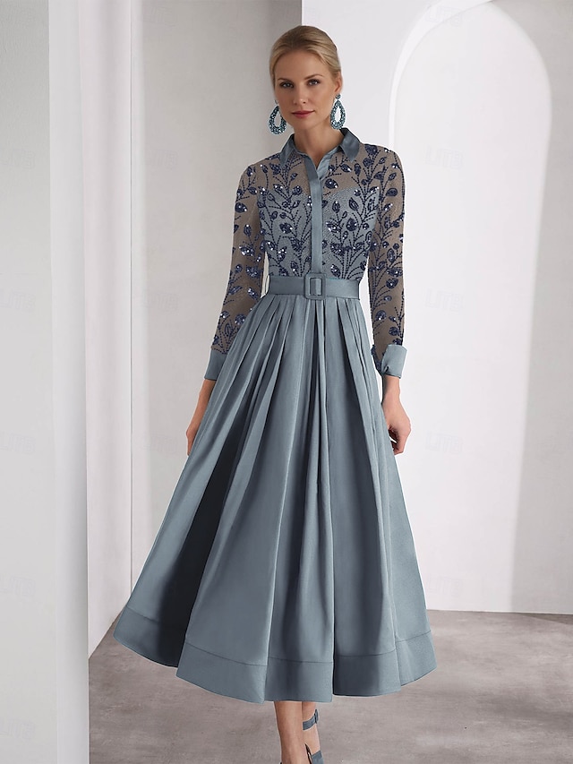  Blue Green Embroidered A-Line Cocktail Dresses Elegant Formal Wedding Guest Ankle Length Long Sleeve Shirt Collar Satin with Glitter Slit 2025
