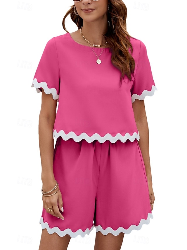  Ensembles de shorts de mode streetwear pour femmes en 2 pièces à manches courtes à col rond en couleur unie imprimé décontracté quotidien noir rose bleu été coupe régulière