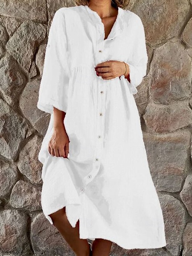  Femmes Robe Longue Maxi Robe Robes en coton et lin Robe Décontractée Mode Extérieur Soirée Fête Coupe régulière Uni Manche 3/4 Col montant Rose vif Blanche Grise Été