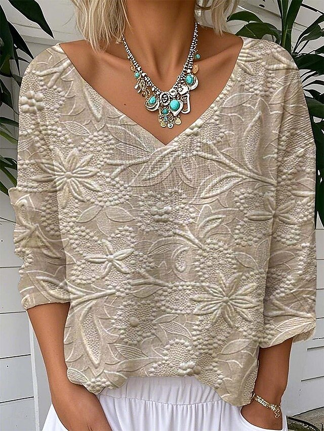 Women's Blouse Floral Graphic Plants Vintage Tropical Stylish 3/4 Length Sleeve V Neck Regular Tops Daily Going out Weekend Silver Gold Khaki Summer Spring4