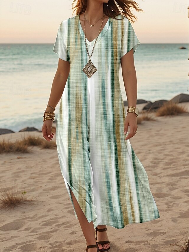  Femmes Robe Midi Robe d'Été Robe trapèze Robe d'été Vacances Occasionnel Quotidien Coupe régulière Graphique Rayé Abstrait Manche Courte Col en V Vert Été Printemps