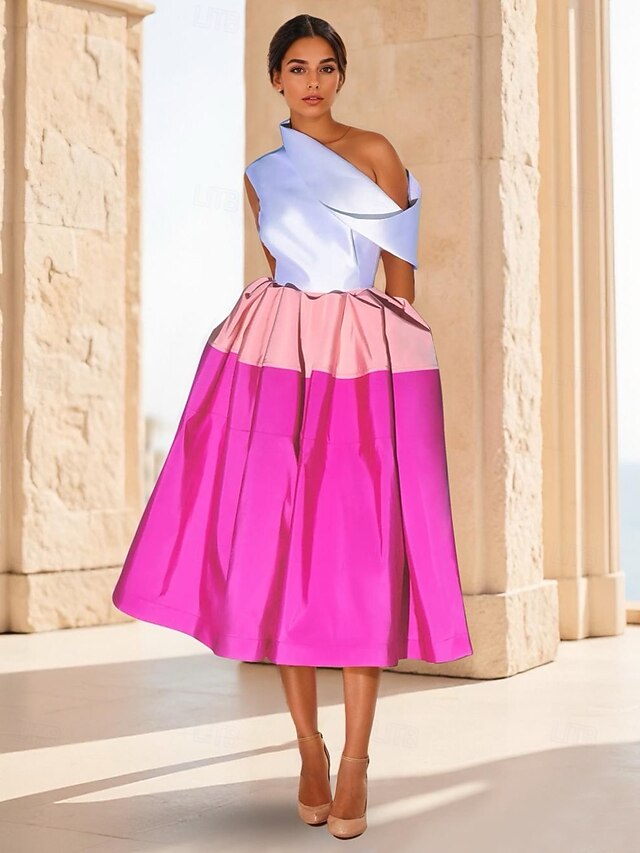 Asymmetrial Neck Cocktail Dresses Formal Wedding Guest Tea Length StraplessDress Color Block with Pleats Ruched4