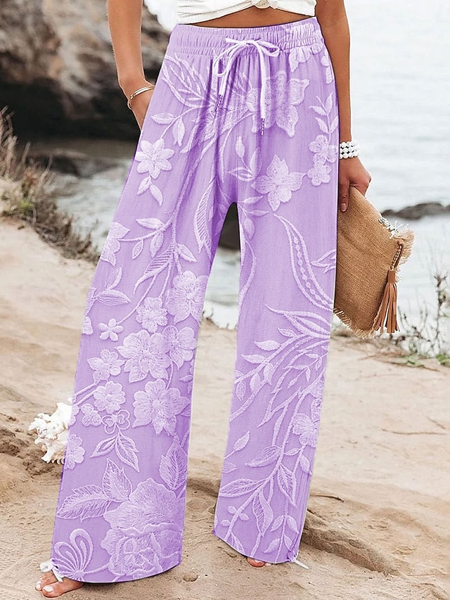  Dam Brett skaft Kinesiska Säckiga byxor Semester Mode Hawaiisk Fullängd Hög midja Blommig Grafisk Tryck Mjuk Andningsfunktion Microelastisk Ledigt Dagligen Ledigt / vardag Rodnande Rosa Blå Purpur