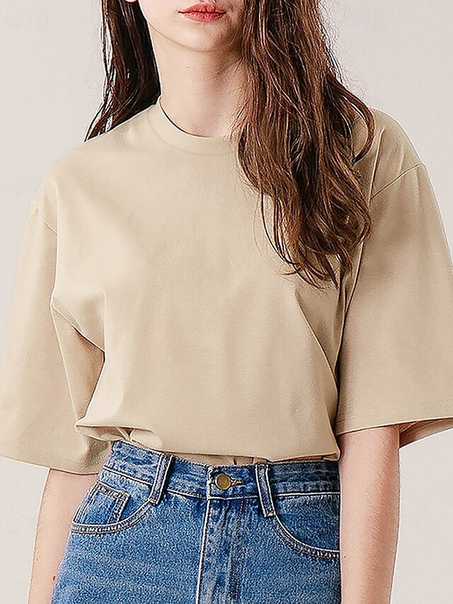  Femmes Chemise en lin Chemisier Uni Occasionnel Manche Courte Col ras du cou Hauts Réguliers Quotidien Fête Sortir Noir Jaune Rose Claire Abricot Été