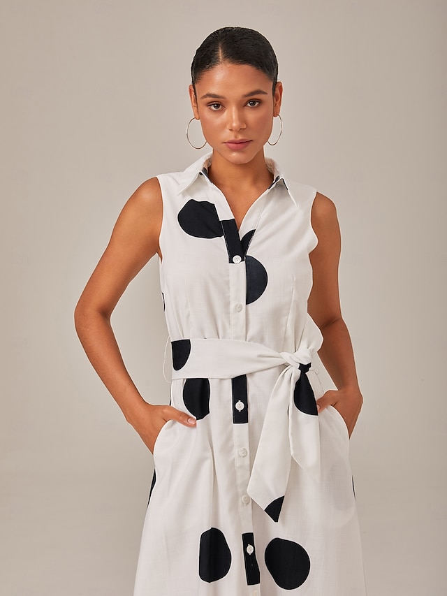  Femmes Robe Chemise Ourlet Maxi Robe maxi Blanche Sans manches À pois Avec Poches Ceinture à nouer Été Revers Décontracté Quotidien S M L