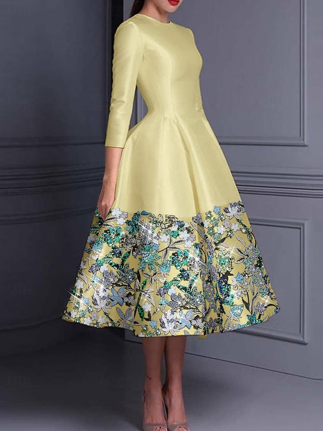  Robe cocktail élégante en A brodée floral robe formelle mariage longueur cheville manches longues col crew satin avec fente