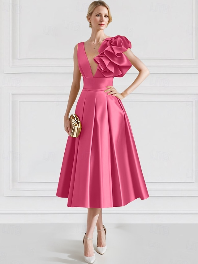  Suknia Koktajlowa A-Line Elegancka Sukienka Formalna Gościa Ślubu Długość Kostki Bez Rękawów V Neck Satyna z Kieszenią Kwiat Ramienia