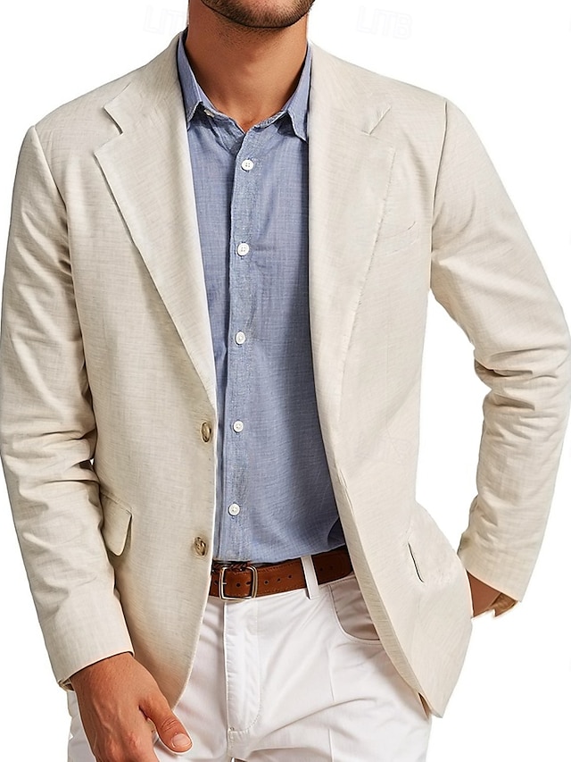  Blazer de lino para hombre moda casual verano blazer de color sólido beige corte estándar de un solo botón y dos botones
