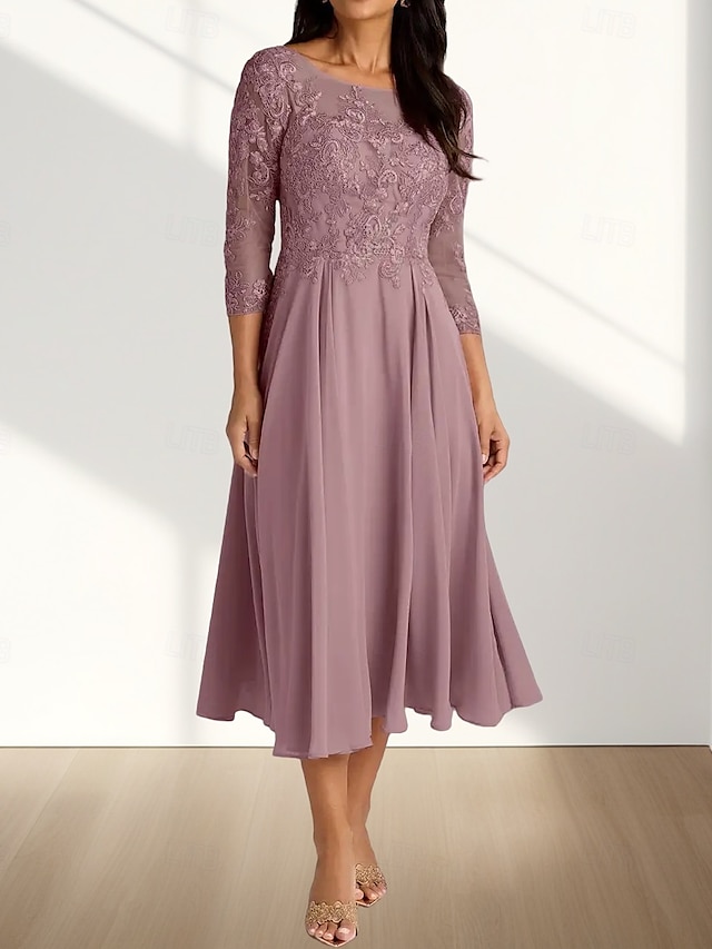  Robe Mère de la Mariée A-Line Invité de Mariage Élégante Col Arrondi Longueur Thé Chiffon Manches 3/4 avec Plis Appliques Robe Midi 2025