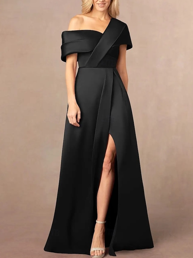  Abito da sera A-Line elegante vestito formale per festa serale lunghezza pavimento manica corta scollo a V in satin con spacco