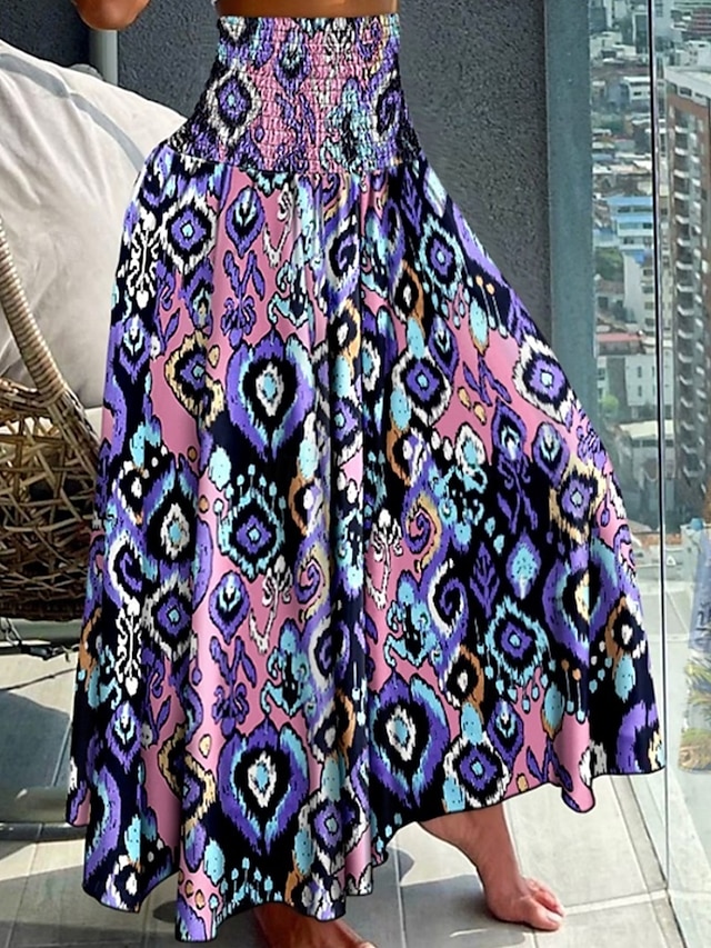  Damenrock Maxirock A-Linie Swing Mode Legere Maxirocken Hochtaillierte Blumenmuster Dehnbar Straße Alltag Schwarz Rot Blau Lila Sommer Polyester