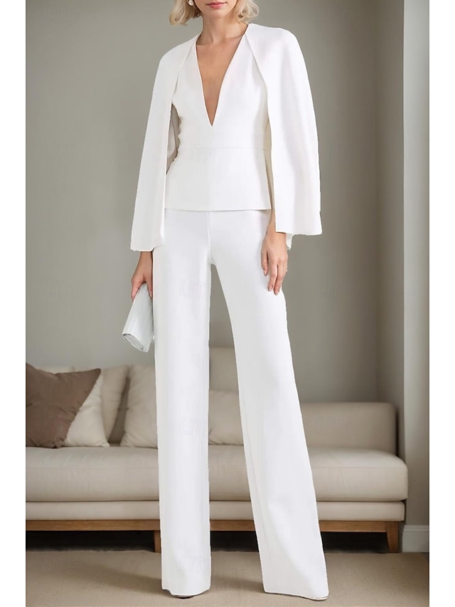  zweiteiliger Overall/Hosenanzug, Kleid für die Brautmutter, elegant, minimalistisch, lässig, tiefer Ausschnitt, bodenlang, Polyester, lange Ärmel, mit Jacke und Schlitz, 2025
