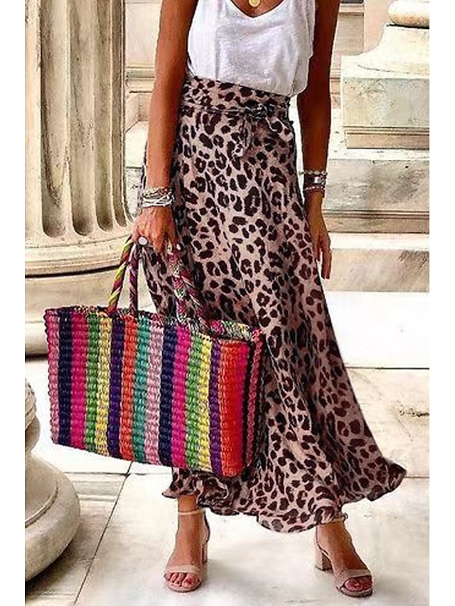  Dámské Sukně Čechy Na běžné nošení Cikánský Maxi Střední vzestup Sukně Leopard Tisk Lehce elastické Dovolená ulice Hnědá Léto Polyester