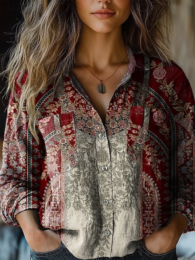  Damen Hemd Blumen Paisley-Muster Stilvoll Modern Langarm Hemdkragen Normale Oberteile Täglich Ferien Knöpfe Tasche Druck Kastanienbraun Schwarz Gelb Wein Rote Sommer