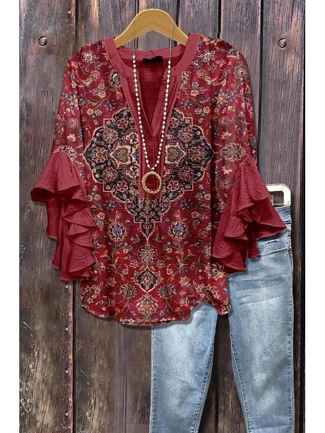 Women's Retro Blouse Layered Ruffle Sleeve Tops Vintage Floral Graphic Bohemia Vintage Daily 3/4 Length Sleeve Regular Tops Daily Holiday Vacation Wear Print Red Blue Beige Summer Spring Fall4