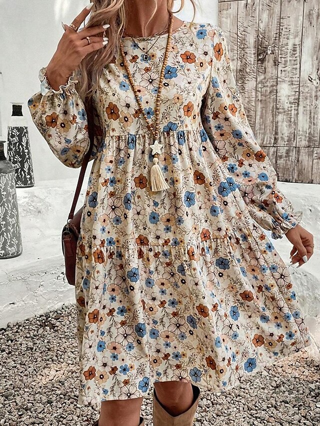  Femmes Mini Robe Robe Décontractée Robe Fleurie Robe d'été Élégant Mode Manches Bouffantes Extérieur Fête Date Coupe régulière Fleur Sans manches Col ras du cou Abricot Été Printemps