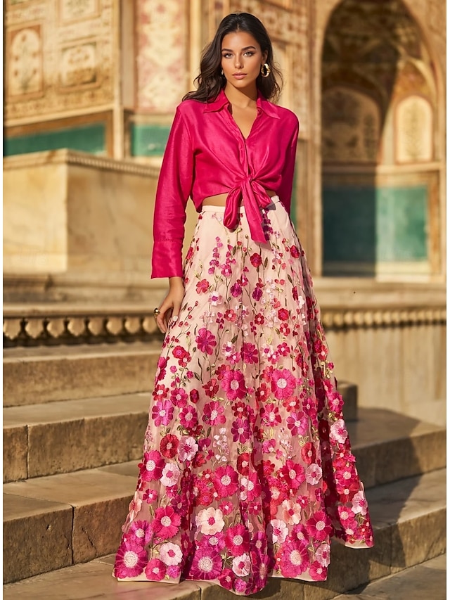  Pink Floral Two Piece A-Line Evening Dresses Elegant Formal Gown Wedding Guest Floor Length Long Sleeve Shirt Collar Satin with Embroidered Appliques 2025