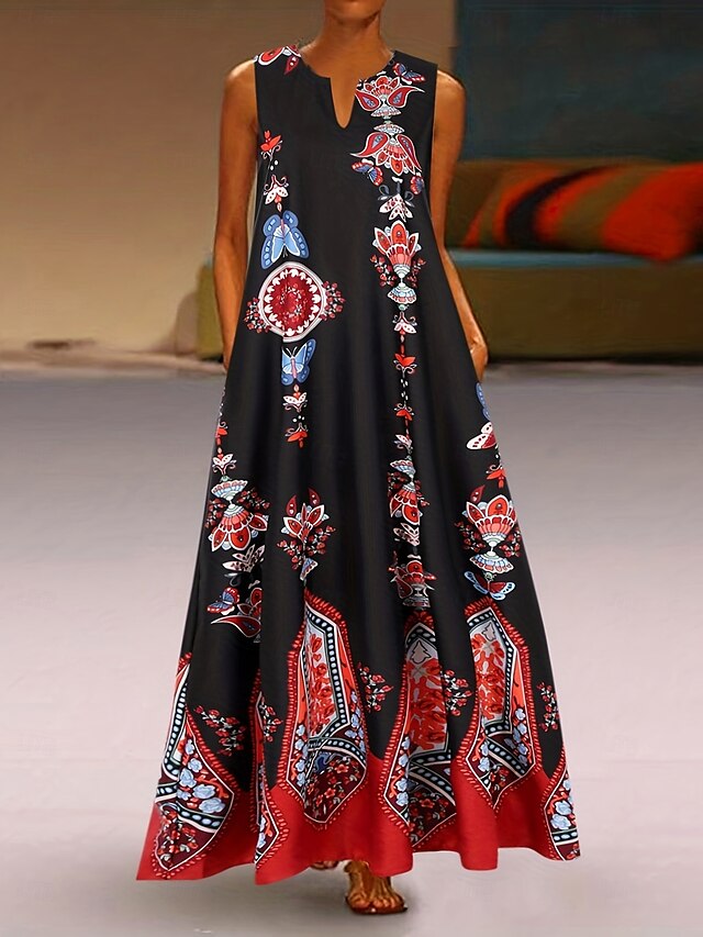  Damen Maxikleid A Linie Kleid Sommerkleid Urlaub Lässig Boho Täglich Ferien Normale Passform Grafik Stammes Ärmellos V Ausschnitt Schwarz Weiß Gelb Blau Sommer