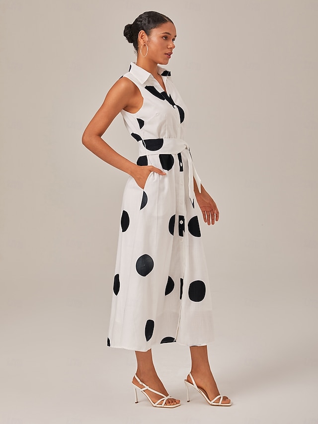  Femmes Robe Chemise Ourlet Maxi Robe maxi Blanche Sans manches À pois Avec Poches Ceinture à nouer Été Revers Décontracté Quotidien S M L