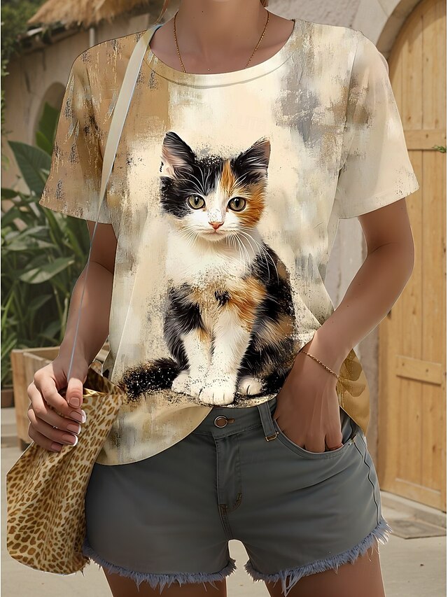 Women's T Shirt Graphic Animal Cat Stylish Classic Modern Short Sleeve Crew Neck Round Neck Regular Tops Daily Going out Weekend Print Light Brown Summer Spring4