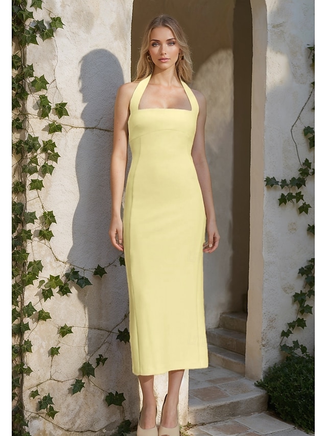  Vestidos de cóctel color amarillo mantequilla estilo sheath  columna elegante vestido semi formal de boda longitud té sin mangas cuello halter de crepé elástico sin respaldo